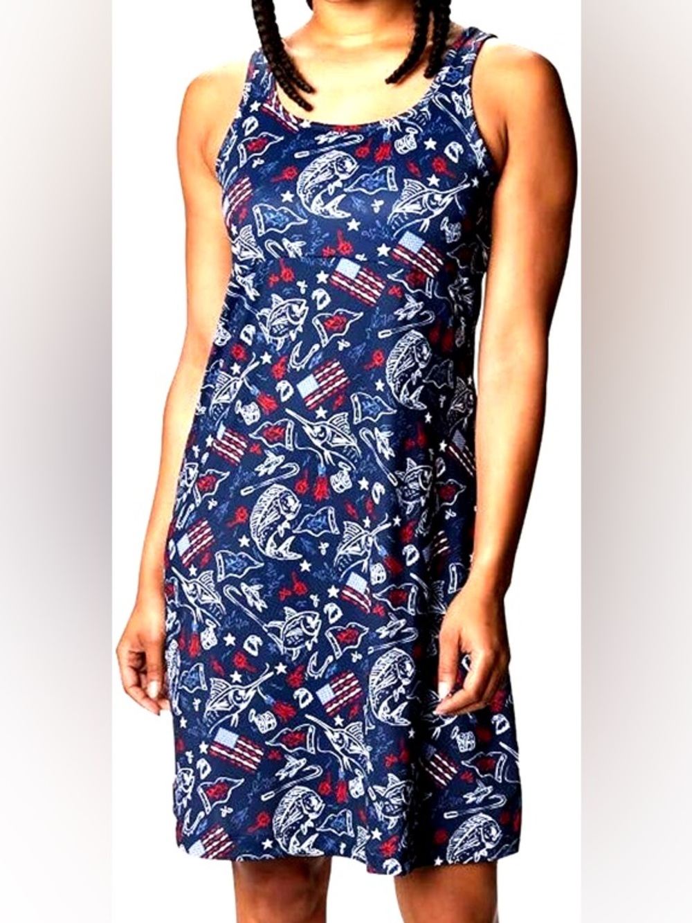 Columbia Navy Tank Dress with Red & White Print